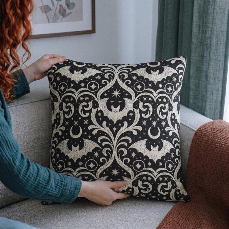 Gothic Bat Damask Woven Pillow | Black Halloween Decor