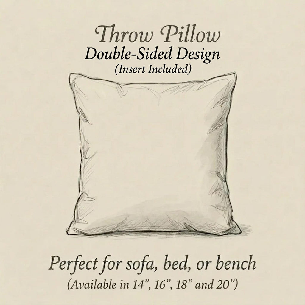 Jaguar and tropical bird throw pillow guide showing double-sided design and insert included
