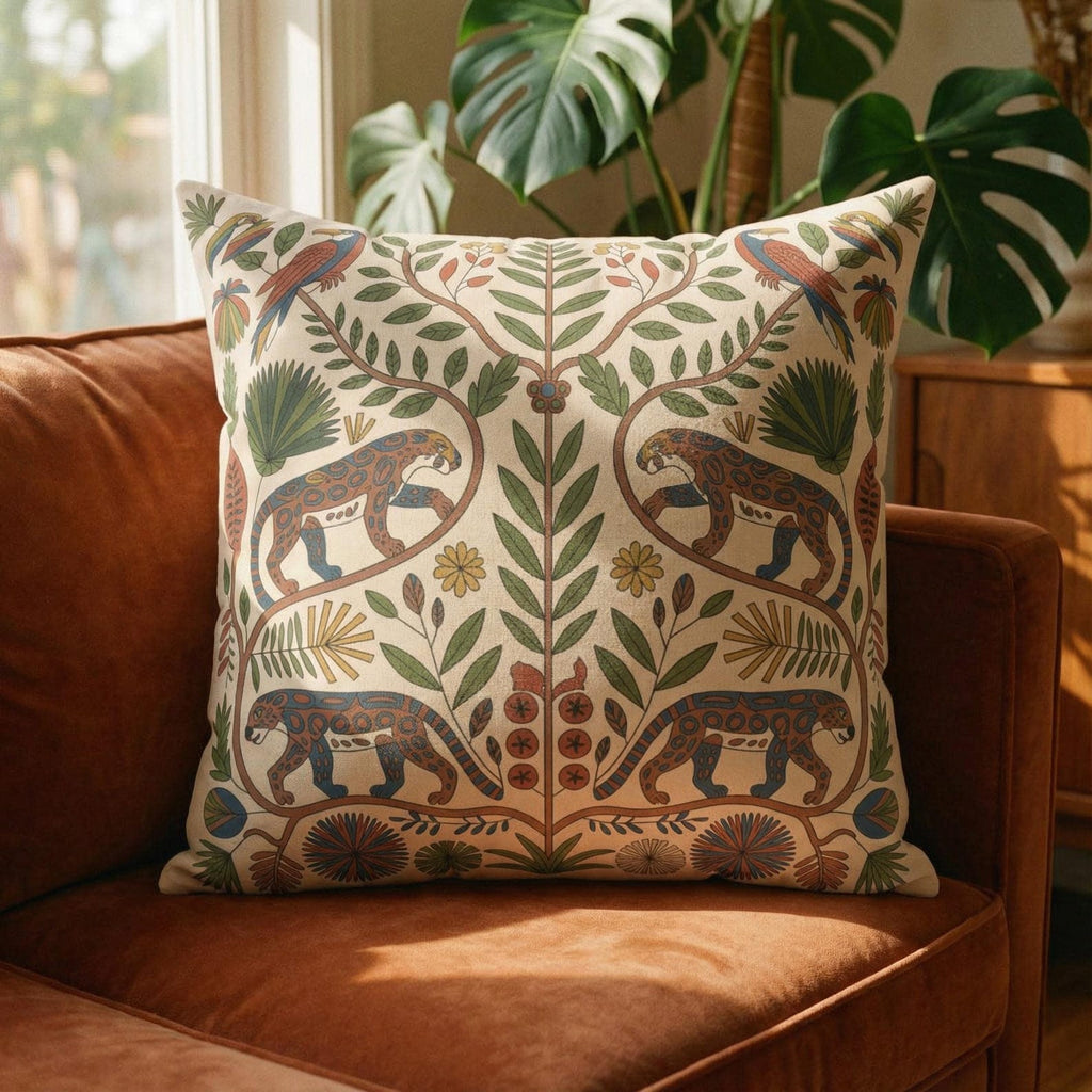 Jaguar and tropical bird folk art pillow on a cognac leather chair