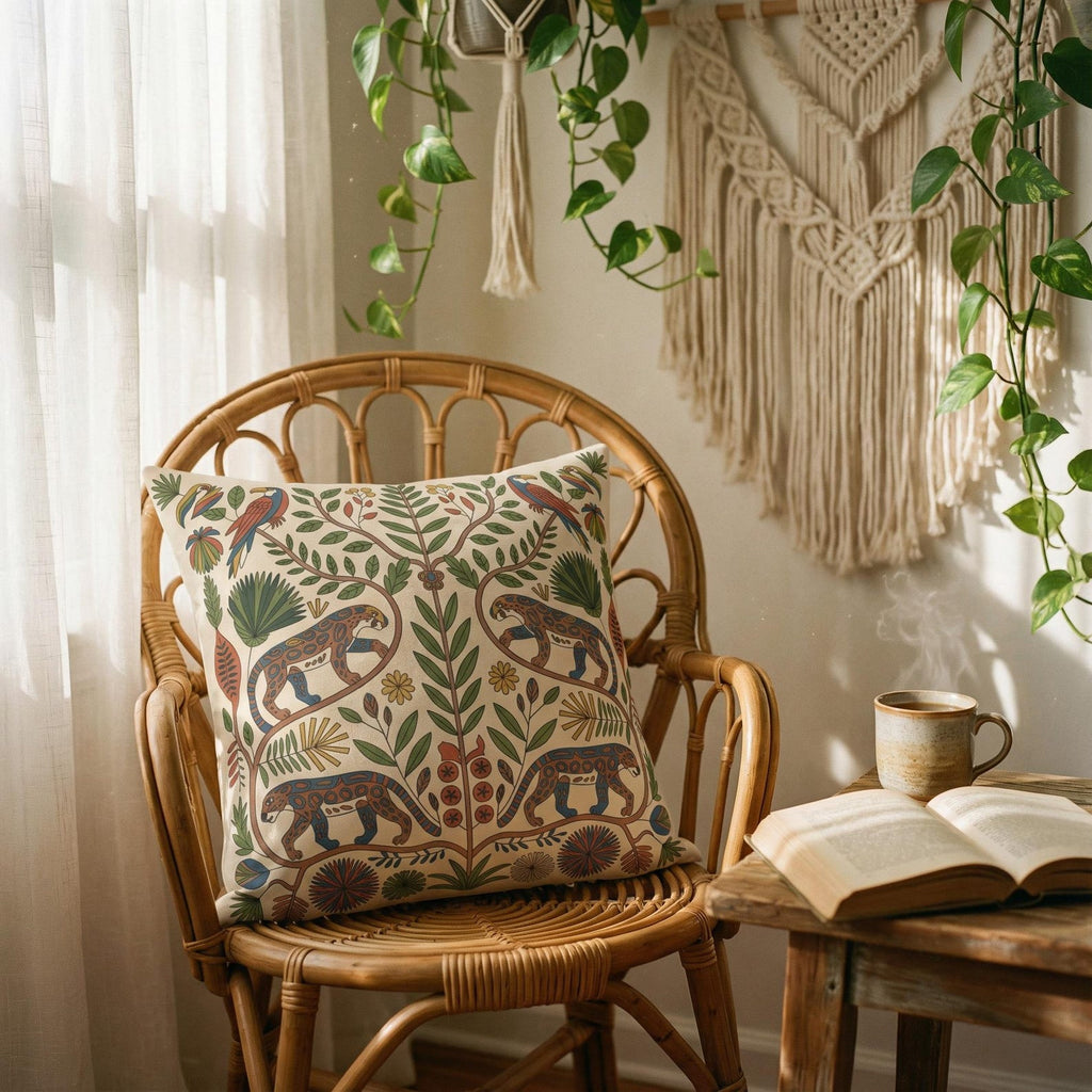 Jaguar and tropical bird botanical pillow styled on a rattan chair