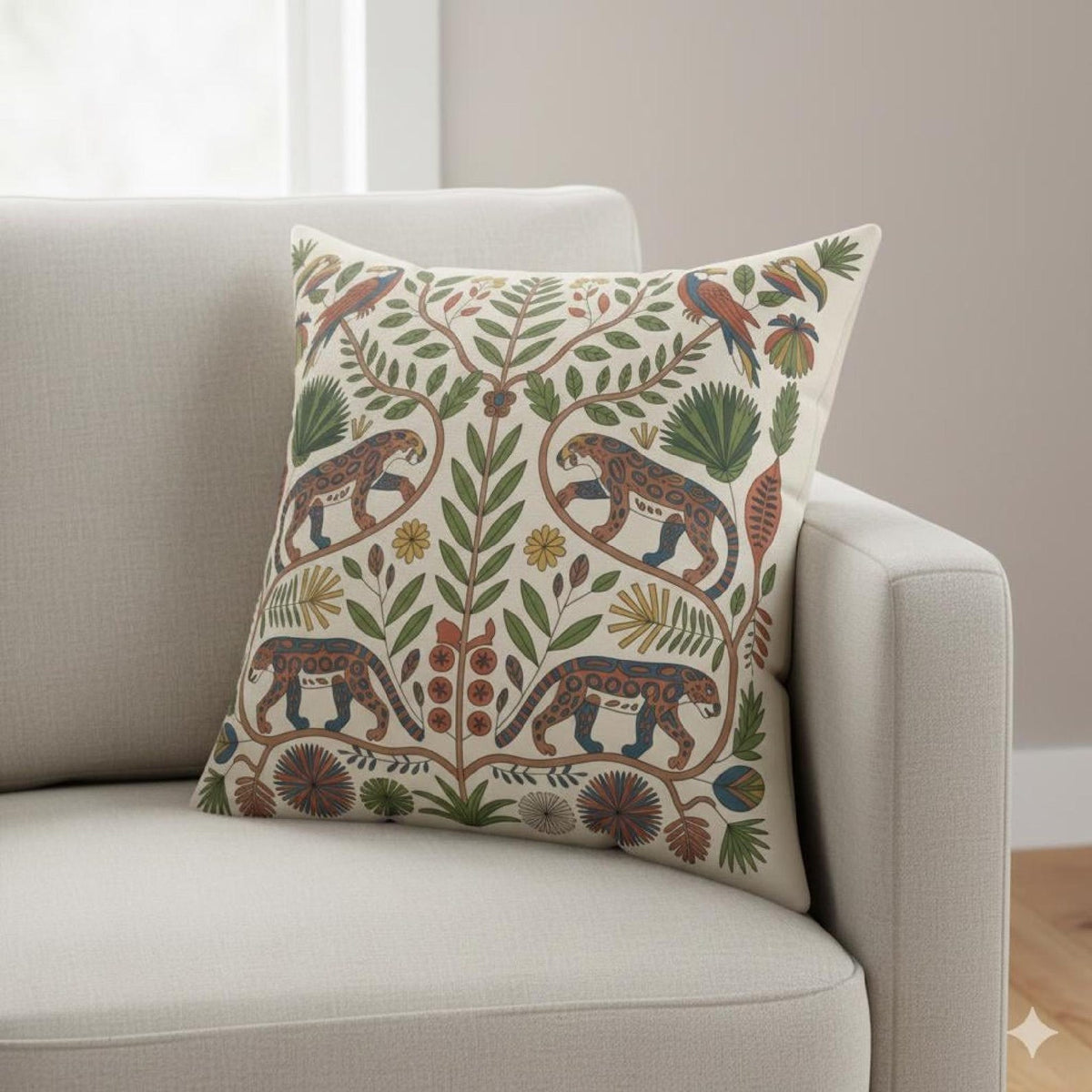 Jaguar and tropical bird folk art pillow styled on a white armchair