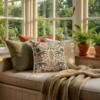 Jaguar and tropical bird folk art pillow styled on a sunny window seat