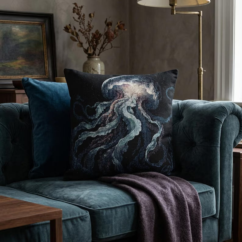Jellyfish Woven Pillow | Ocean Sea Creature Nautical Home Decor