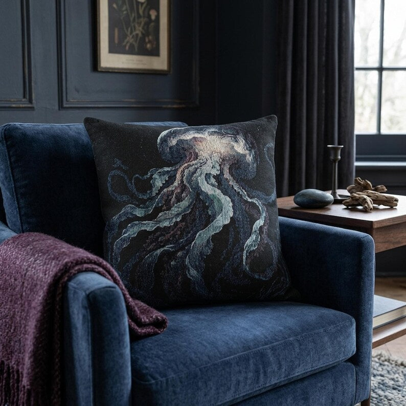 Jellyfish Woven Pillow | Ocean Sea Creature Nautical Home Decor