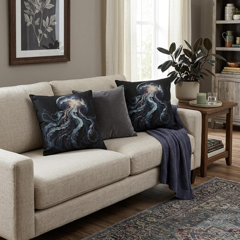 Jellyfish Woven Pillow | Ocean Sea Creature Nautical Home Decor