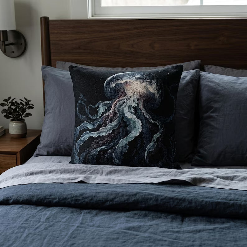 Jellyfish Woven Pillow | Ocean Sea Creature Nautical Home Decor