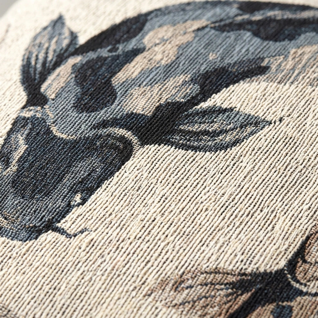Close-up of the textured weave on the indigo and tan koi fish pillow