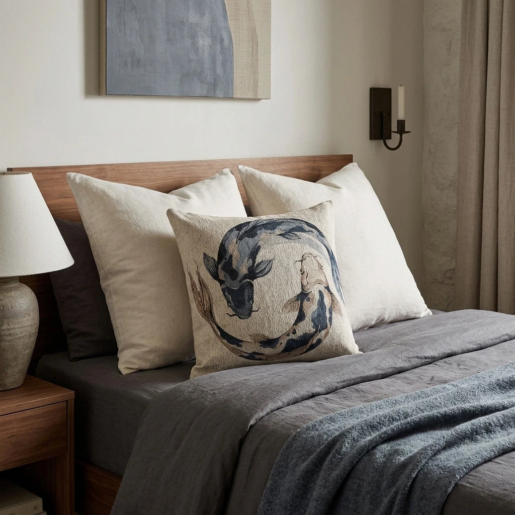 Indigo and tan koi fish woven pillow styled on a modern bed