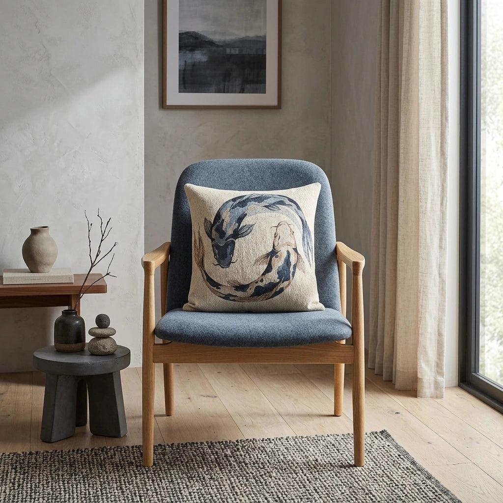 Japandi koi fish accent pillow on a blue chair in a serene neutral room