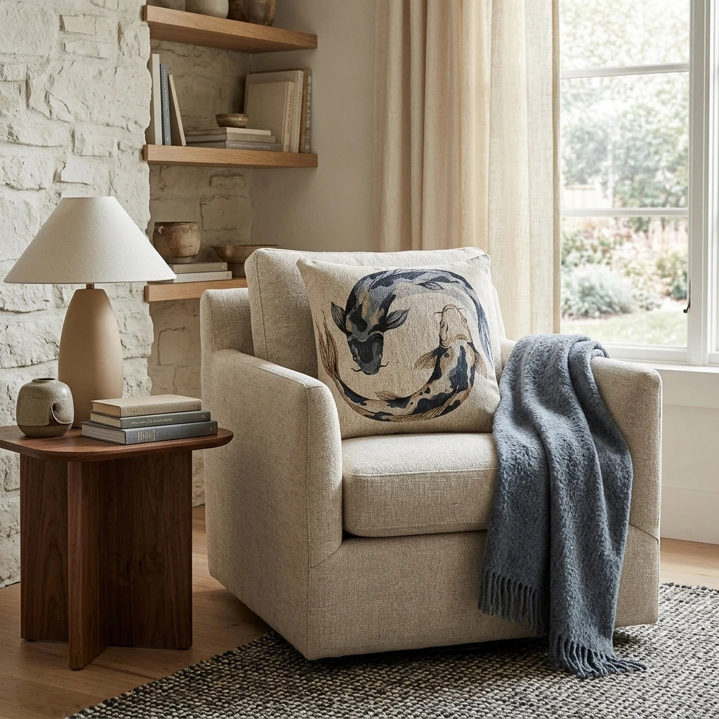 Koi fish woven pillow styled on a cream reading chair by a window