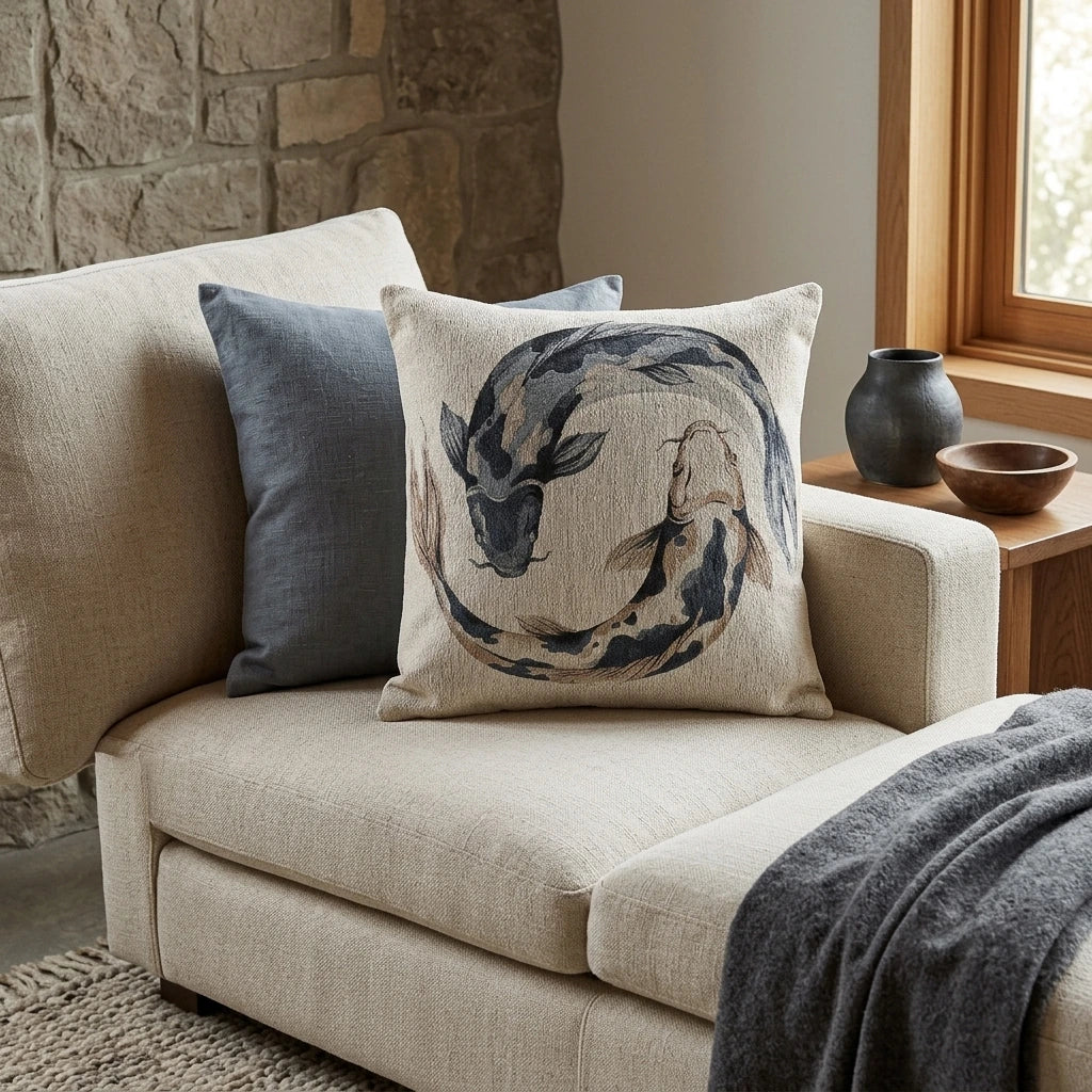 Neutral Japandi koi fish pillow styled on a cream armchair
