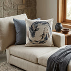 Neutral Japandi koi fish pillow styled on a cream armchair