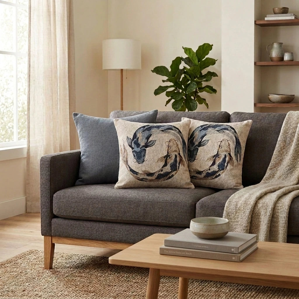 Pair of indigo and tan koi fish woven pillows on a gray sofa