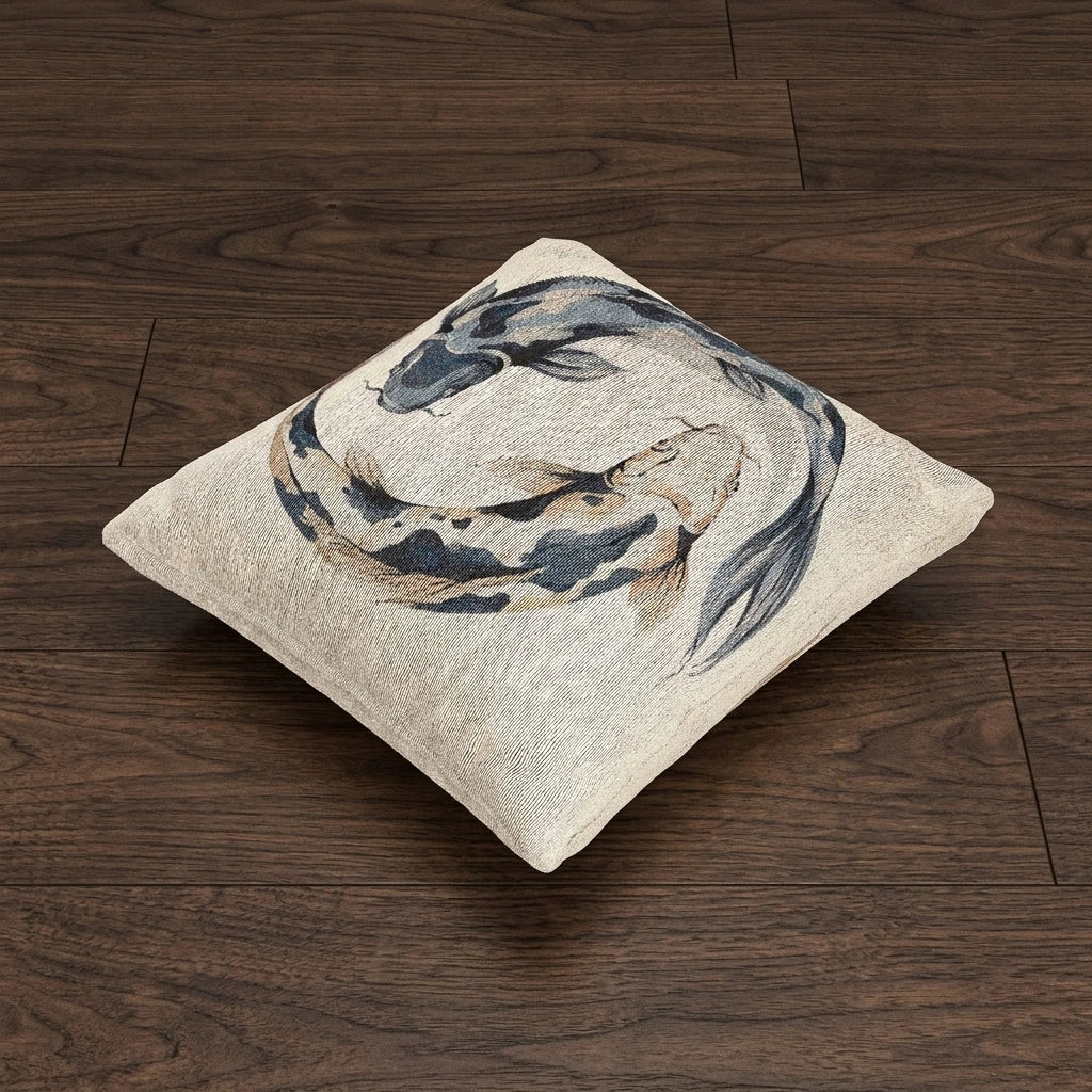 Koi fish woven throw pillow shown at an angle on a wood floor