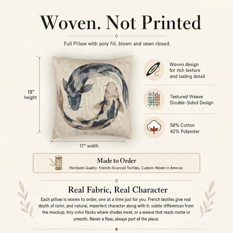 Koi fish woven pillow size, fabric composition, and construction details