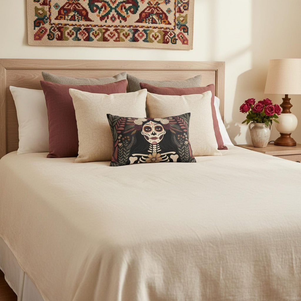 La Catrina gothic skull lumbar pillow styled on a neutral bedroom bed