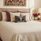 La Catrina gothic skull lumbar pillow styled on a neutral bedroom bed