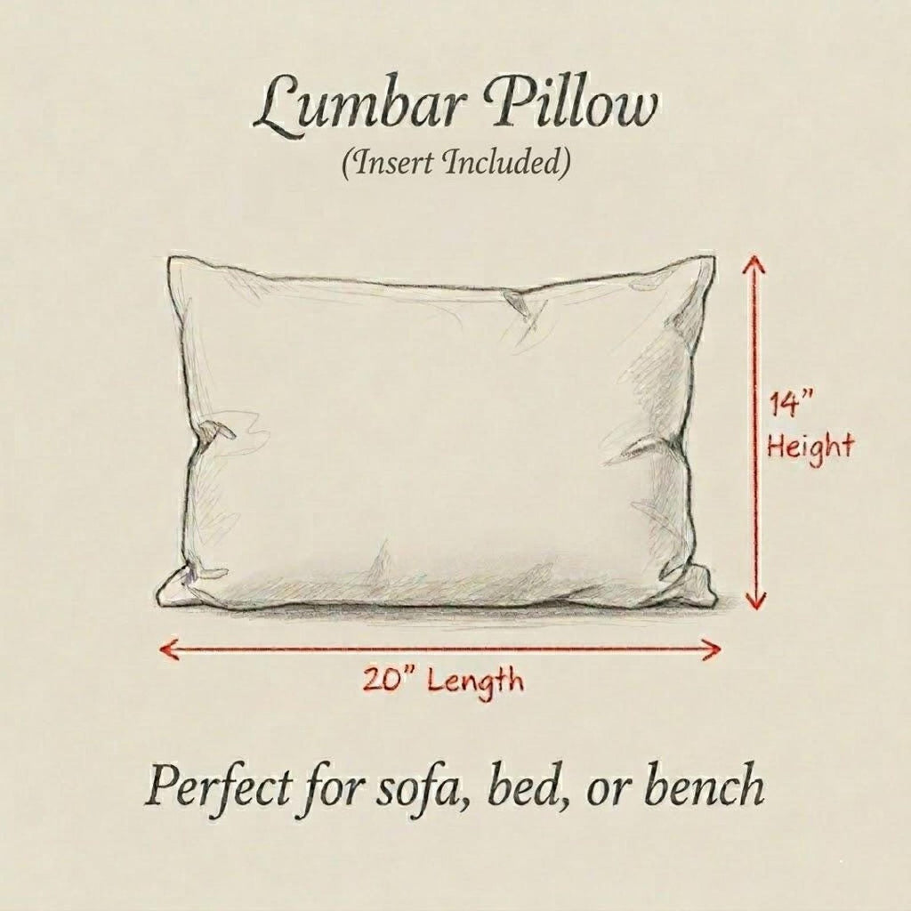 La Catrina lumbar pillow size guide showing 20 inch length and 14 inch height