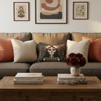 La Catrina gothic skull lumbar pillow styled on a warm neutral sofa