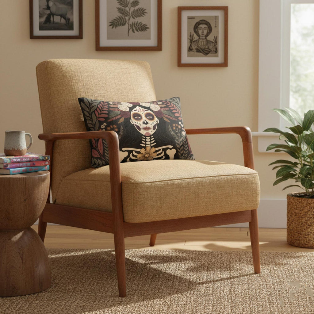 La Catrina gothic floral skull lumbar pillow on a tan mid-century chair