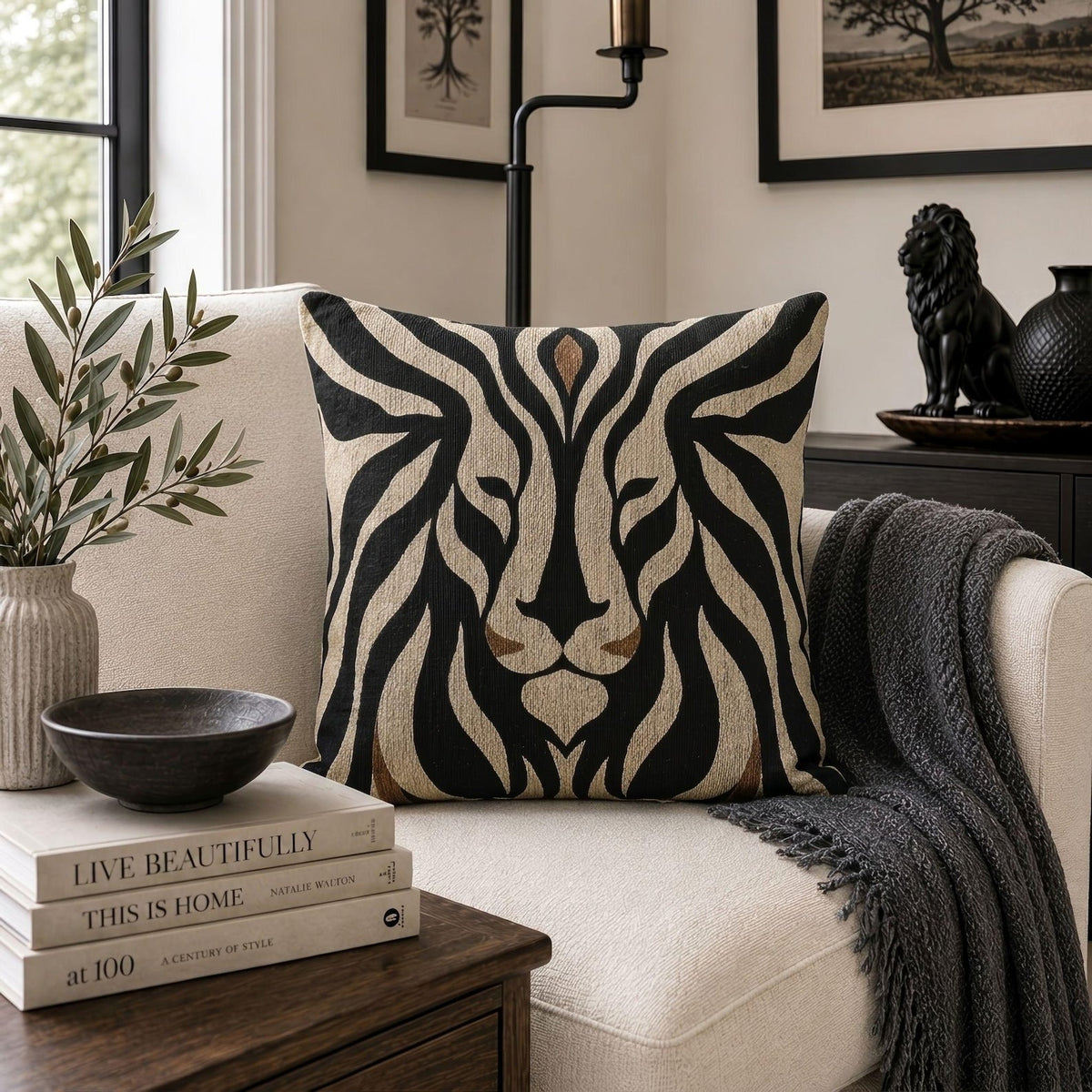 Lion face woven pillow styled lifestyle image