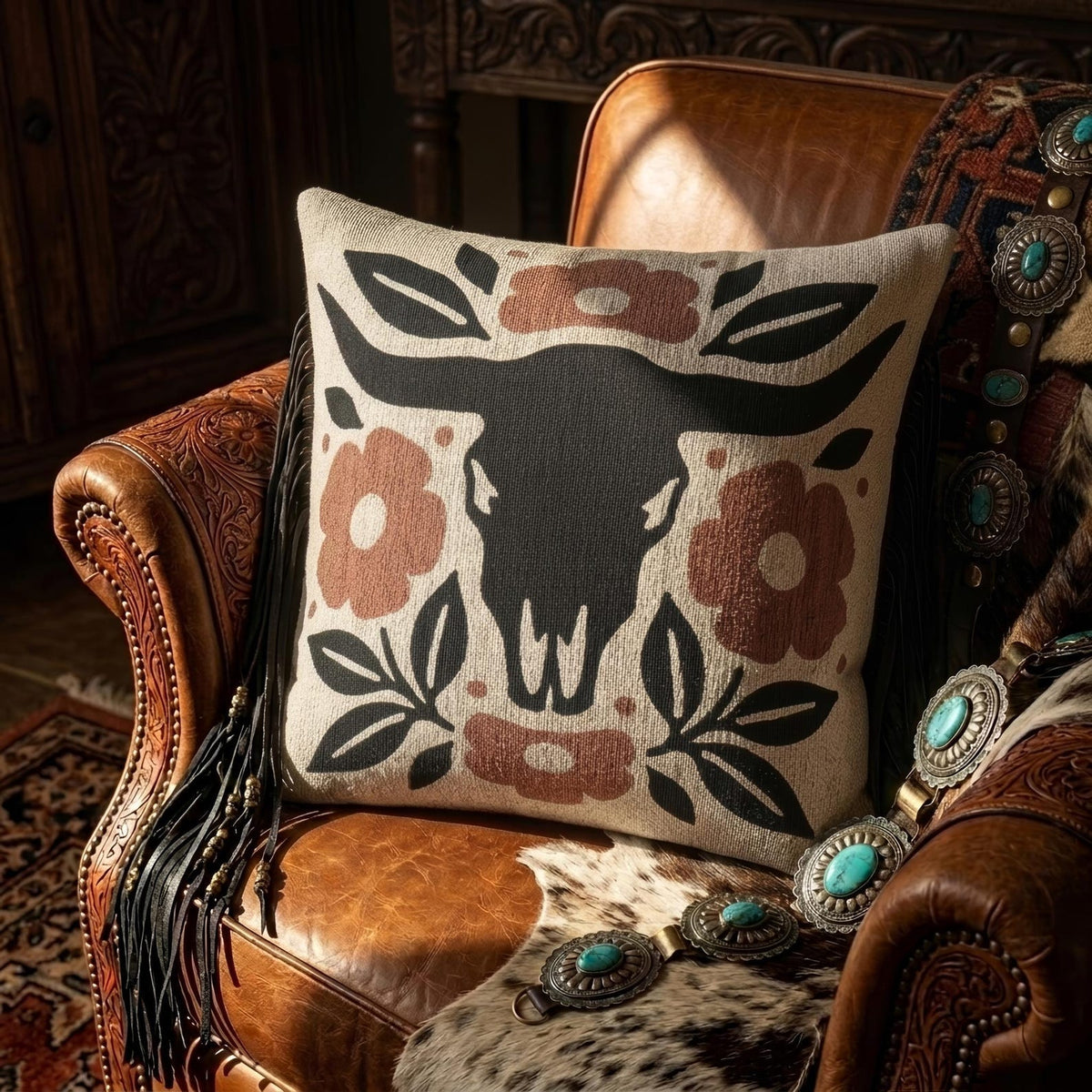 Bull Skull Floral Woven Pillow styled lifestyle image