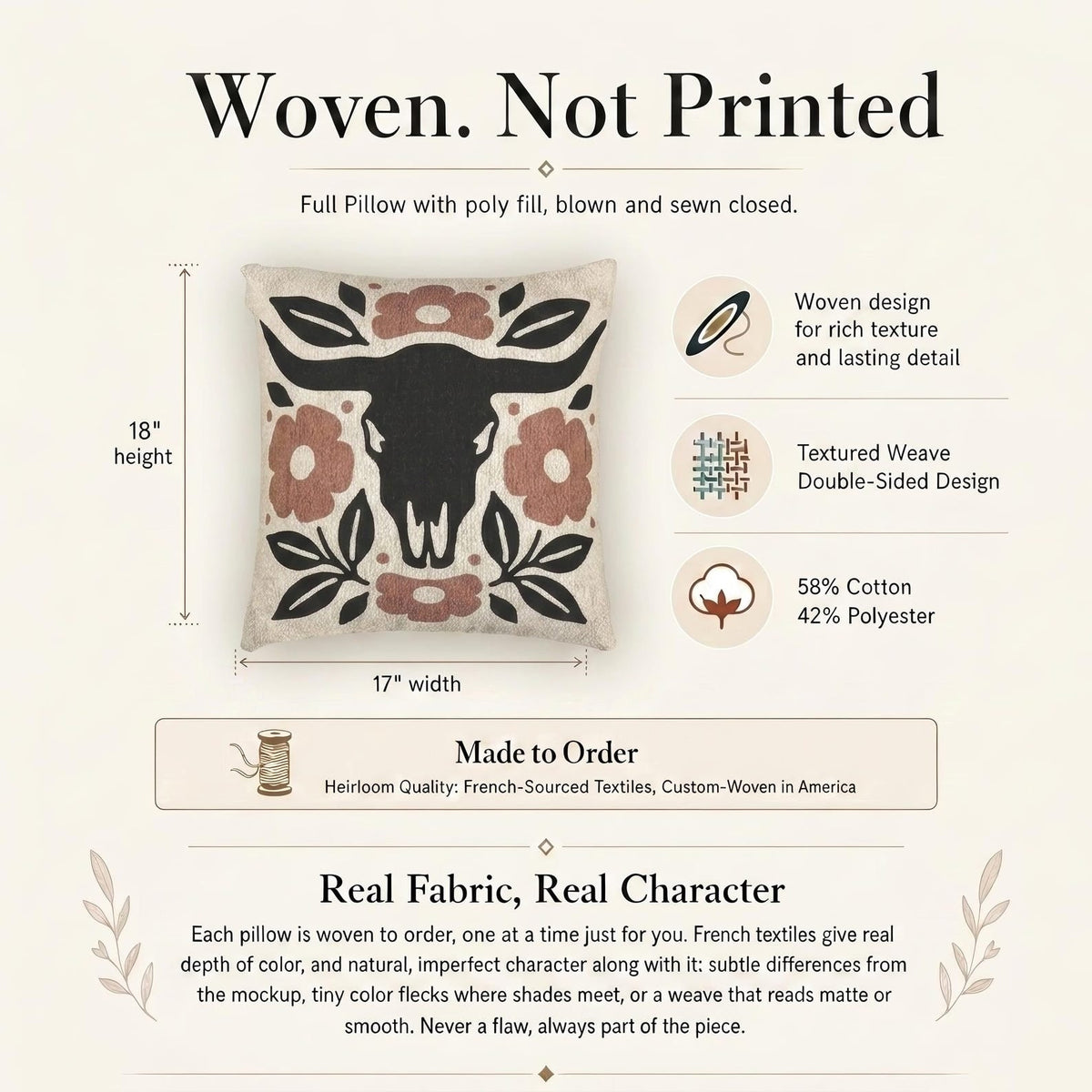 Bull Skull Floral Woven Pillow product detail image