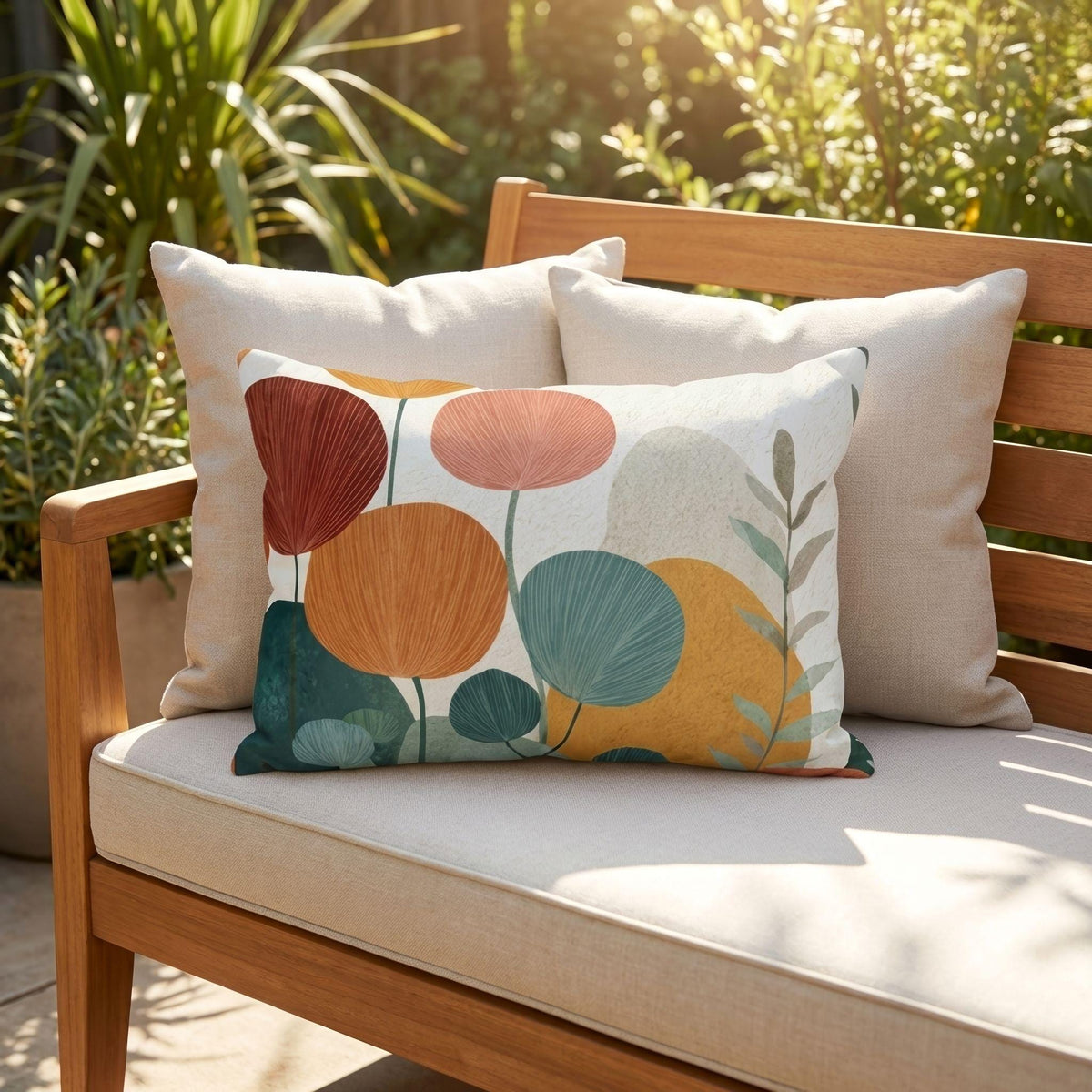 Mid-century botanical outdoor lumbar pillow styled in a sunny garden seating area
