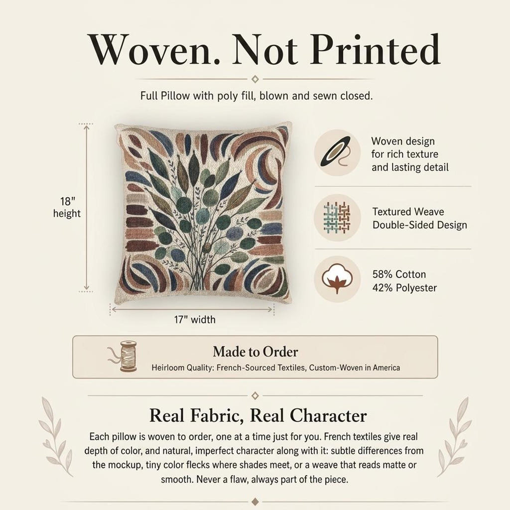 Terracotta botanical woven pillow with symmetrical floral pattern