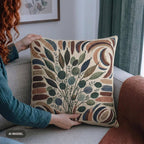Mid-century floral woven pillow styled in a living room