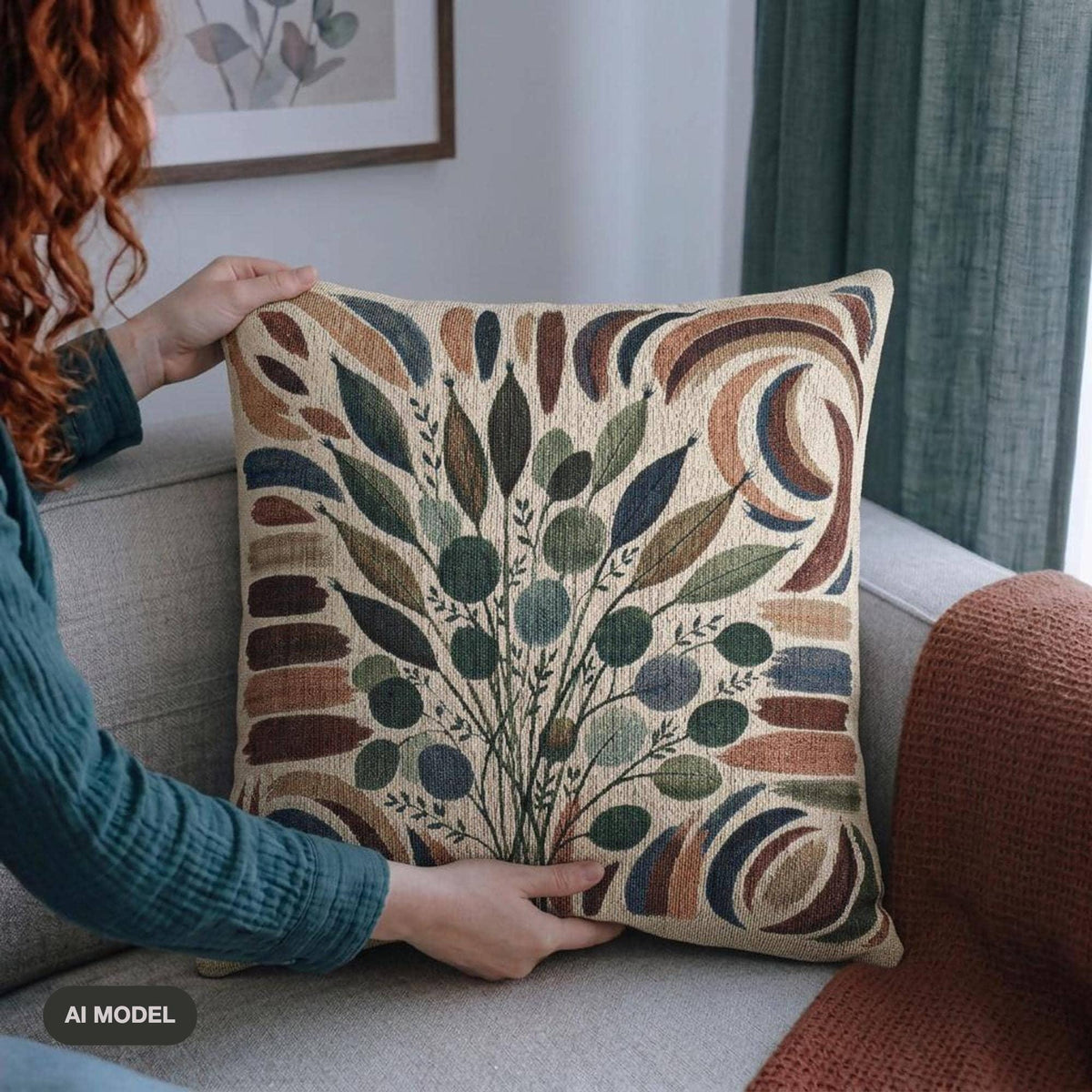 Mid-century floral woven pillow styled in a living room