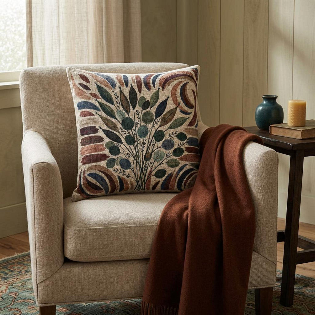 Double-sided botanical woven pillow in warm earth tones