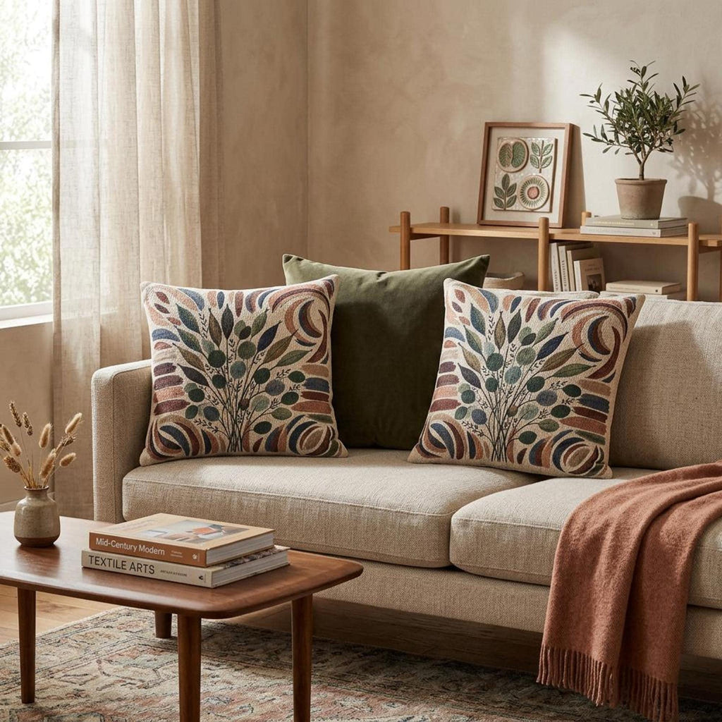 Terracotta floral woven pillow shown as a decorative home accent