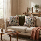 Terracotta floral woven pillow shown as a decorative home accent