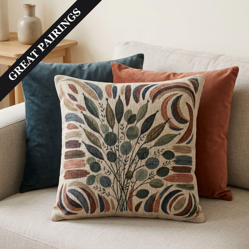 Botanical woven pillow product details and 17 by 18 inch size