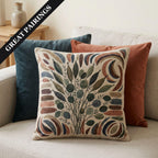Botanical woven pillow product details and 17 by 18 inch size