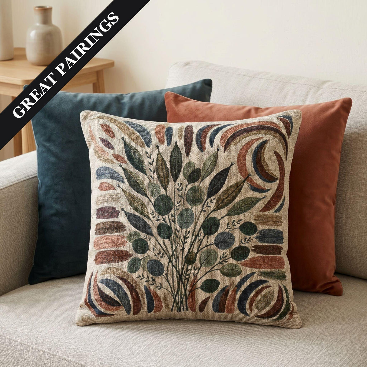 Botanical woven pillow product details and 17 by 18 inch size