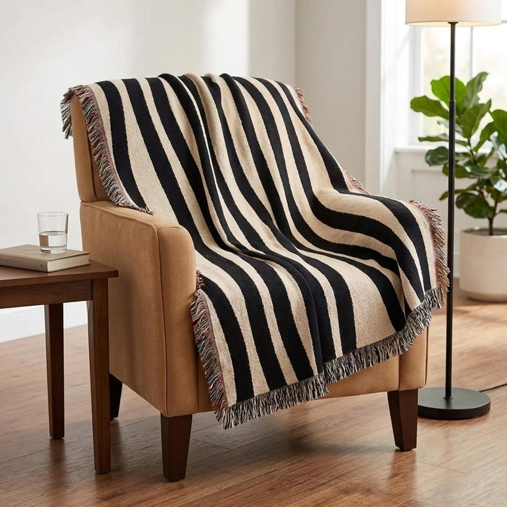 Abstract black and cream zebra stripe woven throw styled on a chair