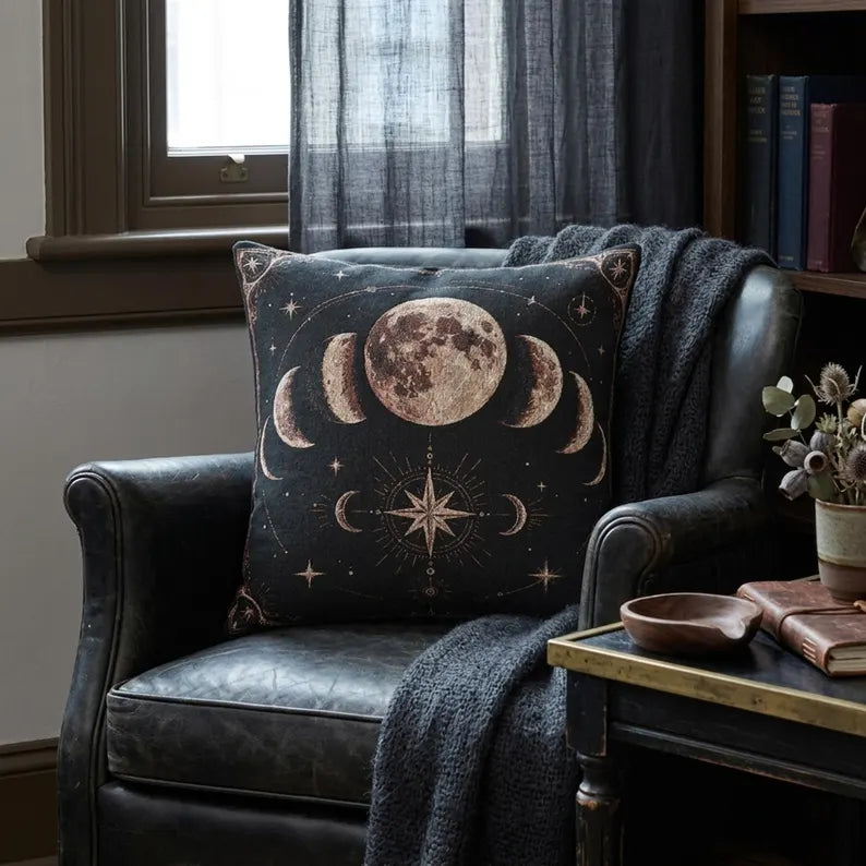 Warm bronze moon phases pillow styled on a black leather reading chair