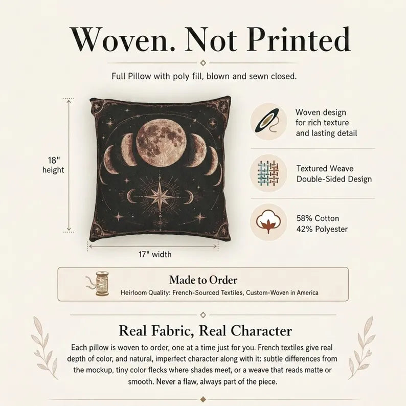 Moon phases woven pillow size, fabric composition, and construction details