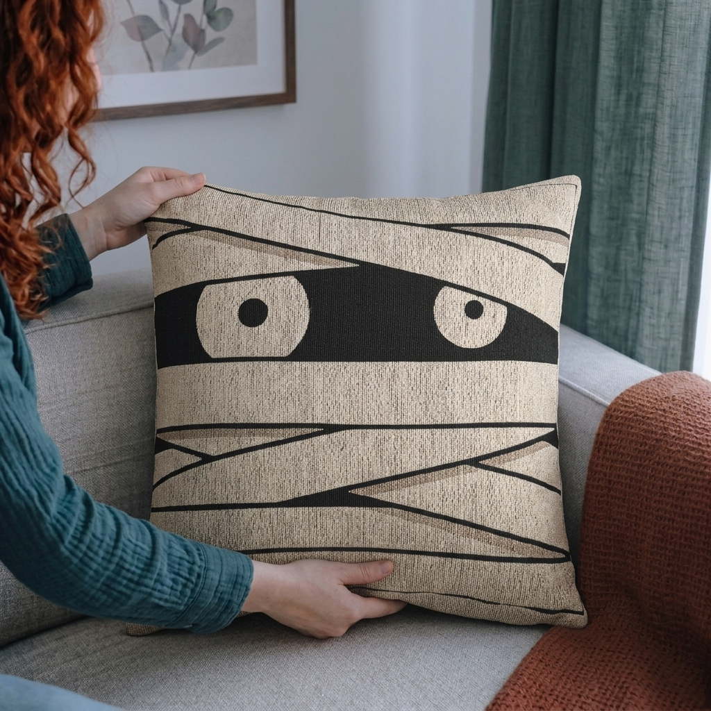 Mummy eyes woven Halloween pillow shown at realistic human scale
