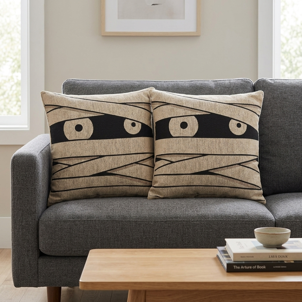 Pair of mummy eyes woven Halloween pillows in a collected interior