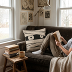 Mummy eyes woven Halloween pillow in a reading nook