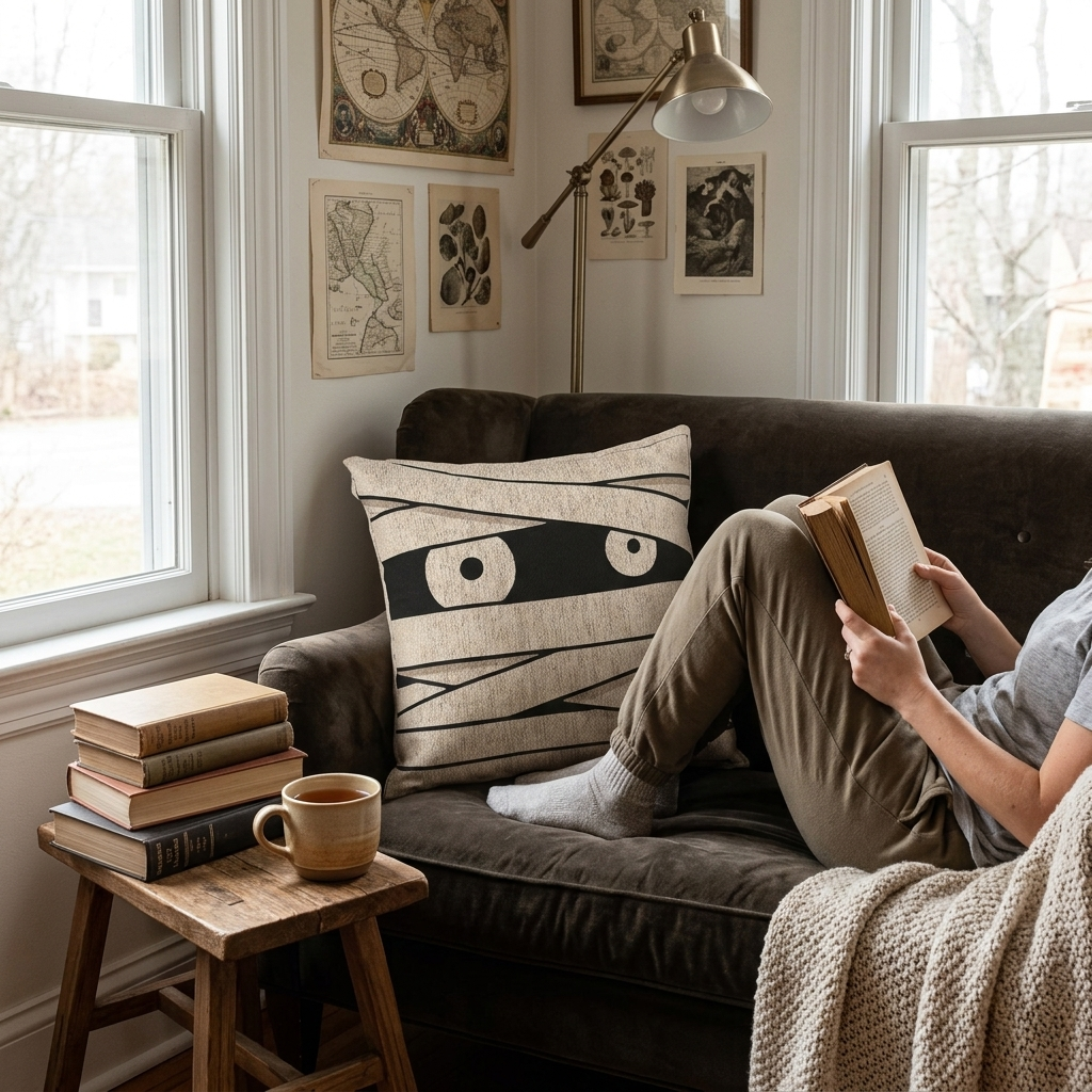 Mummy eyes woven Halloween pillow in a reading nook