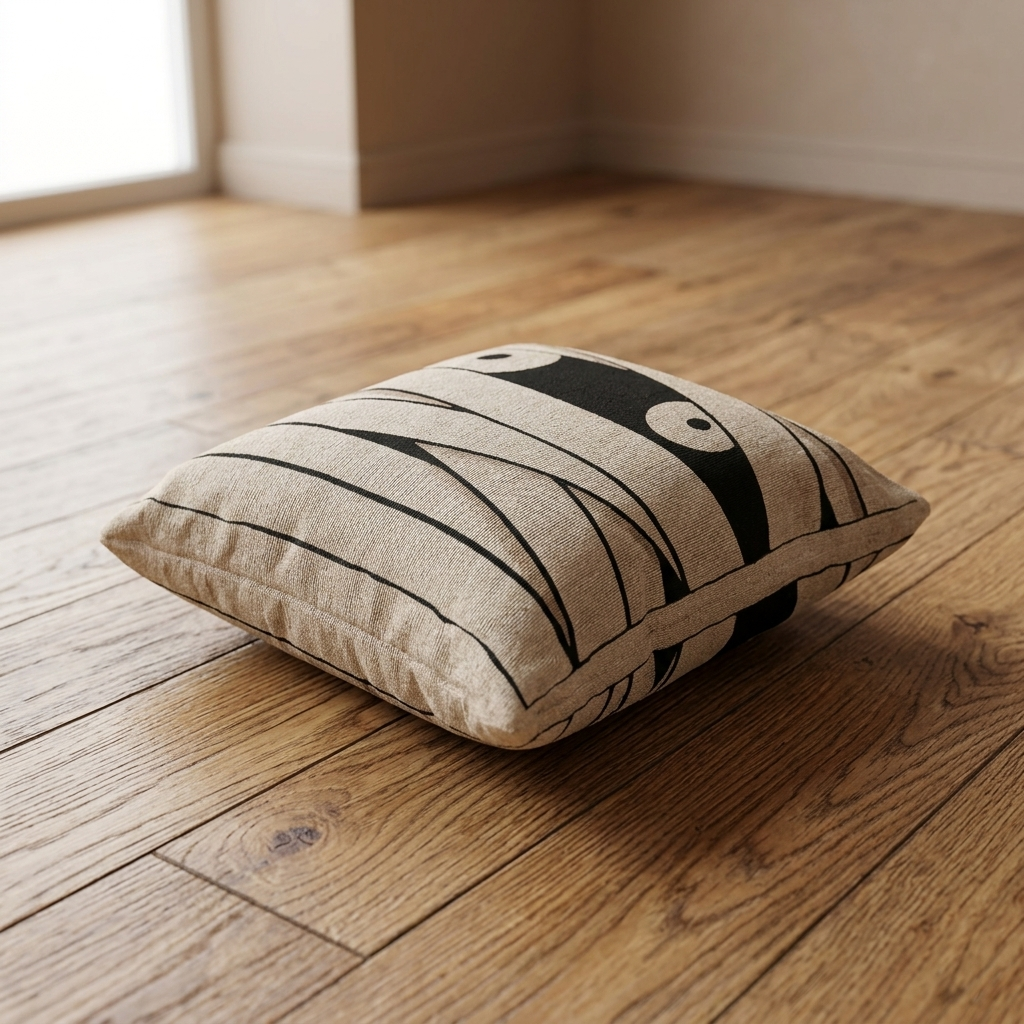 Side-angle view of the complete mummy eyes woven pillow