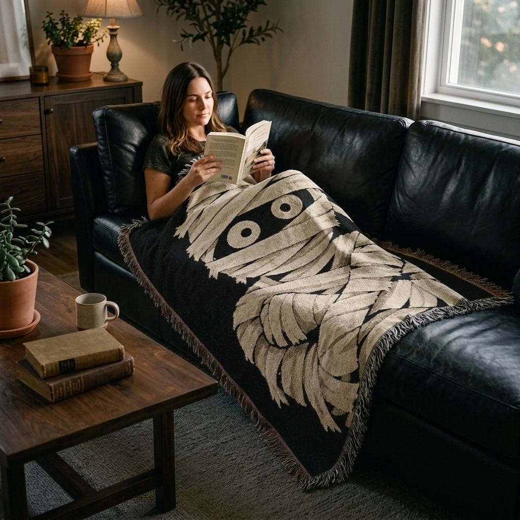 Woman reading beneath a mummy woven throw blanket on a black sofa