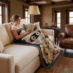Woman reading under a black and cream mummy blanket on a cream sofa
