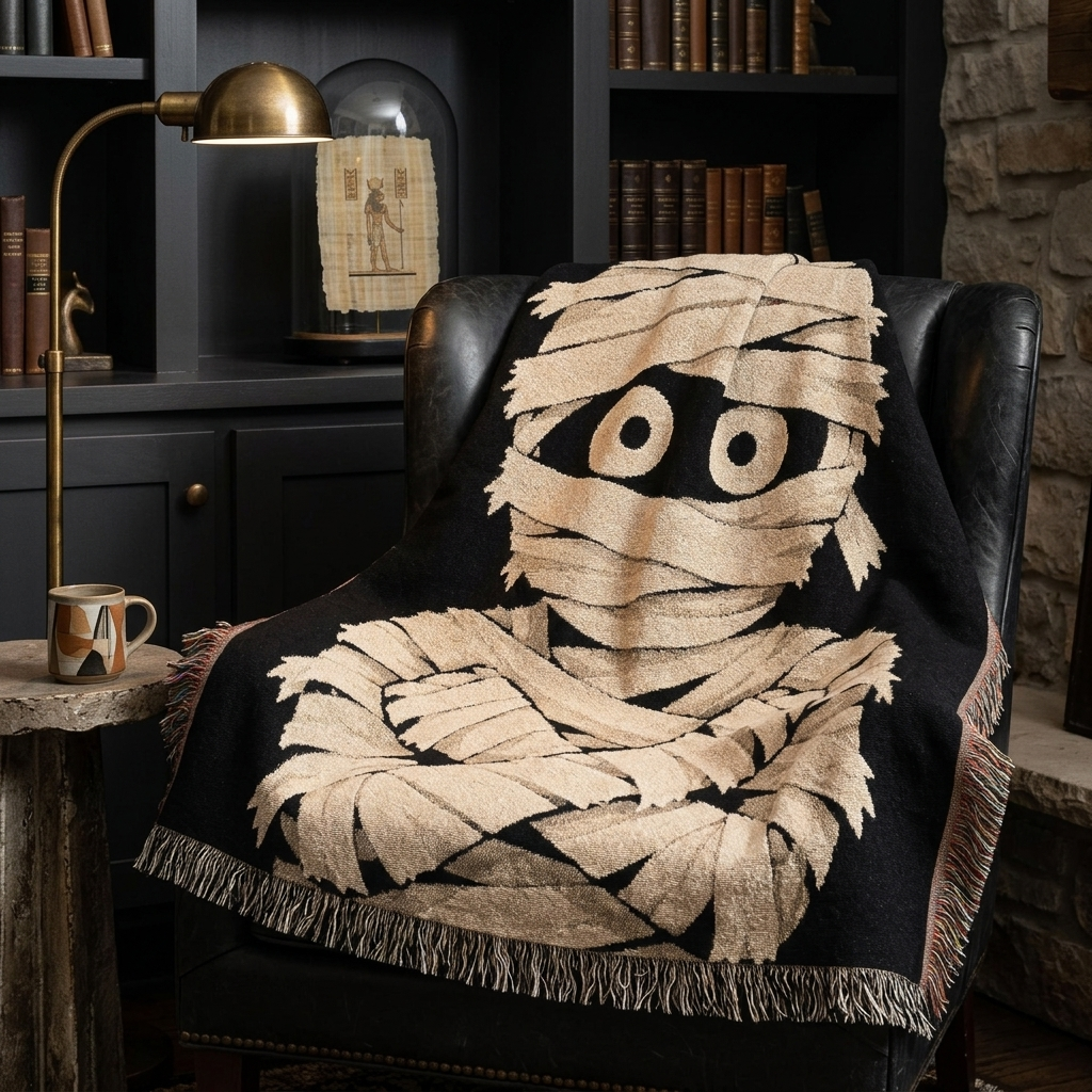Mummy woven blanket draped over a dark leather reading chair
