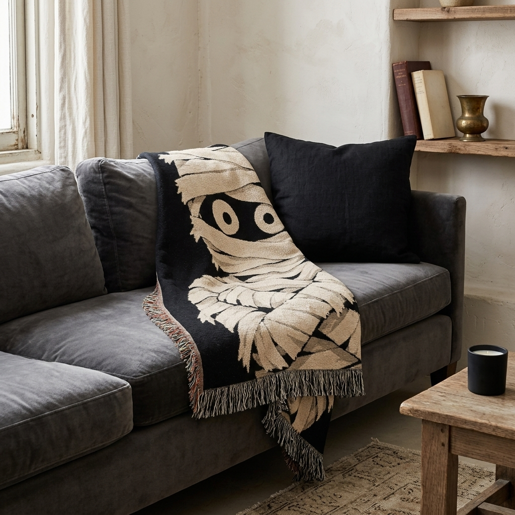 Mummy woven throw blanket draped over a gray sectional sofa