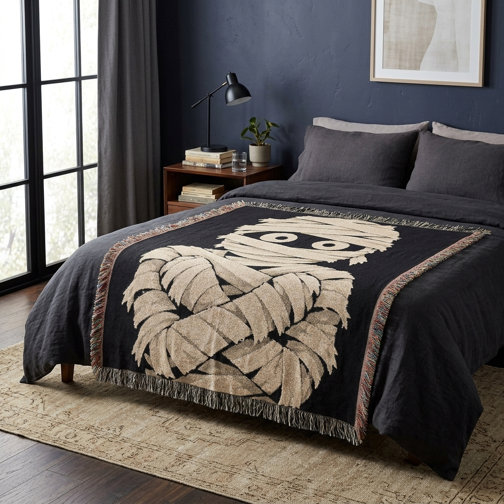 Black and cream mummy throw blanket styled across a bed